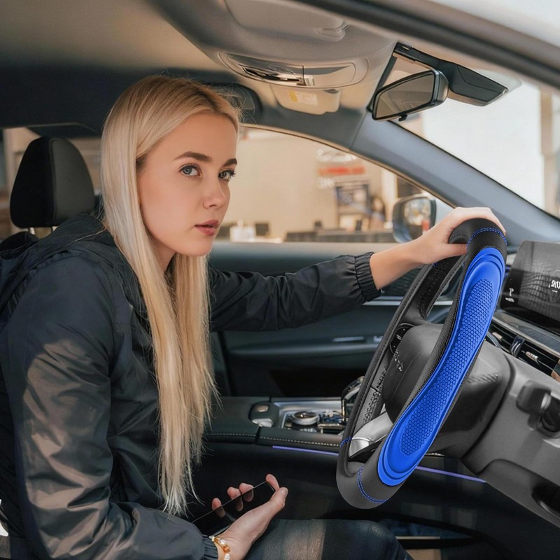 Blue Film Splicing Leather Steering Wheel Cover, Microfiber Leather, Anti-Slip,