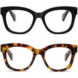 REAVEE 2 Pack Retro Oversized Reading Glasses for Women Men, Blue Light Blocking Computer Readers Stylish Spring hinge (Black/Brown Leopard 3.0x)