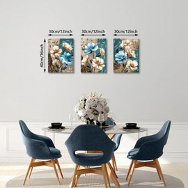 WENGTIAO 3 Piece Lotus Flower Framed Canvas Wall Art, Vintage Blue Floral Wall Painting Picture Art Prints for Dining Room Bedroom Living Room Home Decorations Rreay to Hang 12"X16"X3 Pcs