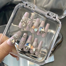 Nail Apparel Hand Made Long Ballet Press on Nails-Luxury UV Finish Manicure 10Pcs, Various Size (Medium (Pack of 10), Purple Cat Eye Aurora 3D Rhinestone Butterfly Bow)