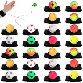 Grevosea 24 Pcs Wrist Return Ball, 2 Inch Rubber Rebound Wristband On A String Sports Balls Includes Basketball, Baseball and Football for Teens Adults Wrist Exercise and Play