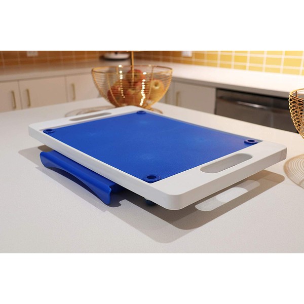 Karving King Dripless Cutting Board 2 in 1 System Non Slip Feet & Spikes Hold Food in Place while Carving Juice Groove Fills Drip Collection Drawer for Gravy & Easy Clean Up - Blue