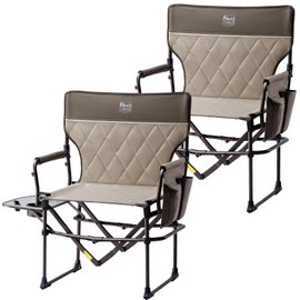TIMBER RIDGE Heavy Duty Camping Chair with Compact Size, Portable Directors Chair with Side Table and Pocket for Camping, Lawn, Sports and Fishing, Supports Up to 400lbs, Tan 2 Pack