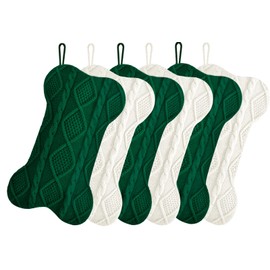 Kunyida 18 Inch Christmas Stockings,Ivory and Green Knit Bulk Double Side Vintage Dog Xmas Stockings for Family Dogs Pets,6 Pack