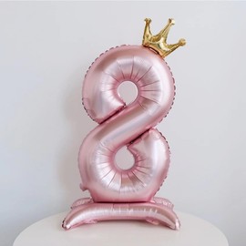 42 Inch Standing Pink Number 8 Balloons With Crown, 8th Birthday Balloons for Girls, 8th Birthday Party Decoration Supplies, Happy Birthday Balloons. (Pink 8)