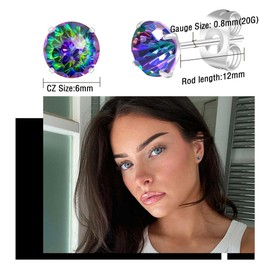Artskin G23 Titanium Cubic Zirconia Stud Earrings for Women Men Earrings CZ Round Cut Simulated Diamond 6mm Hypoallergenic Silver Earrings for sensitive ears (Muticolor CZ, 6MM)
