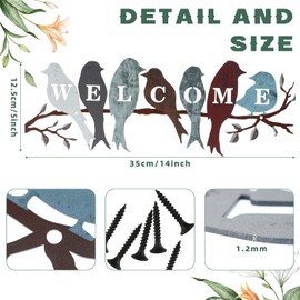 Peryiter Bird Wall Art Birds on Branch Welcome Sign Hanging Outdoor Metal Wall Decor Welcome Signs for Porch Vivid Bird Statue Welcome Wall Decor Tree Silhouette for Bedroom Garden(Vintage Colors)