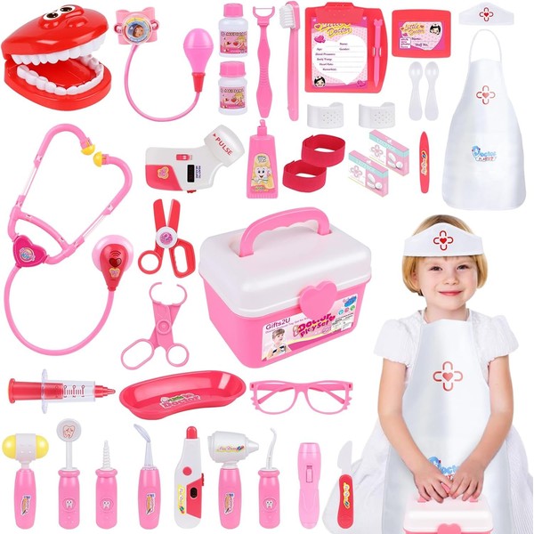 Gifts2U Doctor Set for Kid Girl Toy Doctor Kit Pretend Play Toys Dentist Medical Role Play Educational Toy with Doctor Costume Playset for 3 4 5 6 Year Old Children