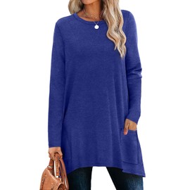 XIEERDUO Womens Long Sleeve Tunic Tops Ladies Tops Loose Fit Jumpers Long Sleeve Sweatshirts with Pockets Asymmetrical Hems Size 18-20 Royal Blue