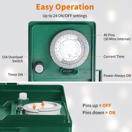 SURAIELEC Outdoor Power Stake Timer, 24-Hour Mechanical Light Timer, Electrical Power Strip Weatherproof, 6FT Extension Cord Multiple Outlet Plug Splitter for Patio Lights, Christmas Decorations