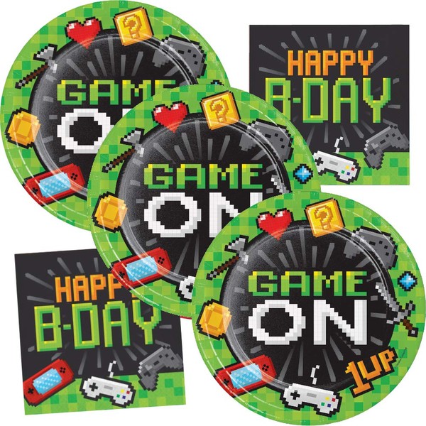 Video Game Party Supplies Pixelated Birthday Gamer Themed Plate and Napkin Set