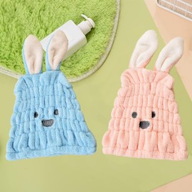 Toalla de microfibra para el cabello para niños y niñas o mujeres, paquete de 2 bonitas herramientas de baño de turbante de pelo de conejo de secado rápido, suave y absorbente, gorro ligero,