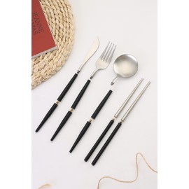 Cesa Beams Portable Cutlery, Camping, Outdoors, Leisure, Original 4 Piece + Storage Box, Cutlery Gold, Fashionable, Gold, Scandinavian Spoon, Fork, Connected Chopsticks, Camping, Stainless Steel,