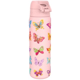 ION8 Steel Water Bottle, 600 ml/20 oz, Leak Proof, Easy to Open, Secure Lock, Dishwasher Safe, Flip Cover, Fits Cup Holders, Carry Handle, Durable, Metal Water Bottle, Raised Print, Butterflies Design