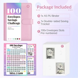 Sooez 100 Envelopes Money Saving Challenge, Savings Challenges Book with Envelopes, Flexible Saving $5050, $2600, $300, Savings Binder with 100 Pocket Pre-number & Reusable Laminated Tracker