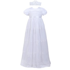 NIMBLE Baby Girls Newborn Christening Embroidered Gown Dress Outfit with Headband,0-12M