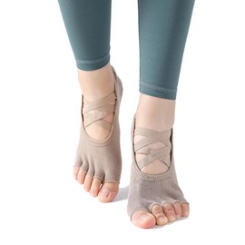 AVILMORE Women's Yoga Socks, Double Cross, 5 Toes, Anti-Slip, For Ballet, Pilates, Yoga Wear, Yoga Socks, Open toe beige