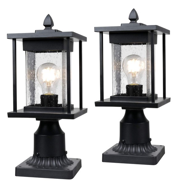 Osimir Outdoor Post Lantern, 2 Pack Modern Outdoor Post Light Fixtures with Pier Mount Base, Sanded Black Finish Seeded Glass, 6.5" W x 16" H, 8598/1G-2PK