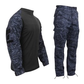 Men's Tactical Airsoft Combat Uniform Set Combat Shirt & BDU Pants (Midnight Digital Camo, M)