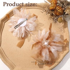 Yheahin Large Flower Feather Hair Clip Vintage Tulle Floral Barrette 1920s Bridal Wedding Prom Headpiece Feather Hair Accessories for Women (Beige)