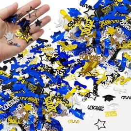 75g Graduation Confetti 2025– Royal Blue, Black, Silver & Gold Star-Shaped with Graduation Caps,Table Confetti for Grad Party,Prom Decorations & Ceremony