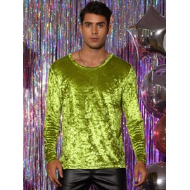 Lars Amadeus Velvet T-Shirts for Men's Vintage Classic Crew Neck Long Sleeve Green Velour T-Shirts Small