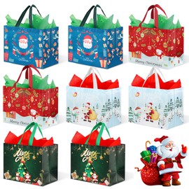 Christmas Gift Bags, Large, Christmas Carrier Bags with Handles, 32.5 x 27 x 17 cm, Christmas Bags, Reusable, Foldable, Waterproof Gift Bag for Christmas Parties, Large Gifts, Pack of 8