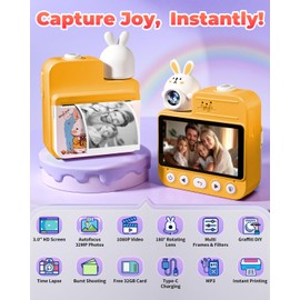 Kids Camera Instant Print Toys, Christmas Birthday Gifts for Girls Boys, 3.0” Autofocus Kids Digital Camera Toddler Camera for 3 4 5 6 7 8 9 10 11 12 Year Old Girl Boy with 32GB TF Card (Yellow)
