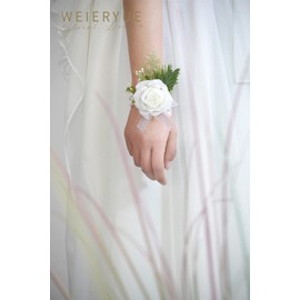 WEIERYUE WEIERYUE White Rose Wrist Flowers and Men's Corsage Wedding Flowers Ceremony,2Pcs Boutonniere Buttonholes and Wrist Corsage Wristband Roses Wrist Corsage(White Rose Set)