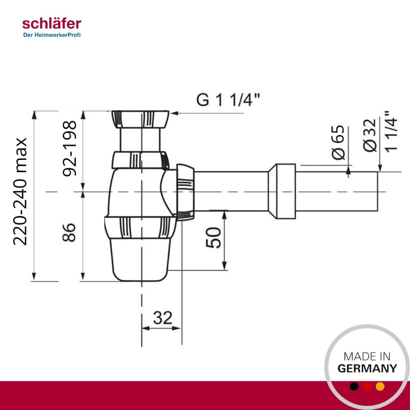 Schläfer 4396101 Washbasin Siphon 1 1/4, Universal Inspectable Drain for
