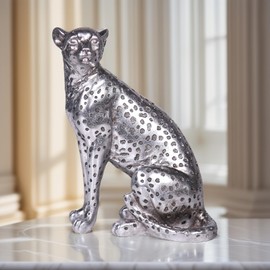 Cheetah Statue Home Decor Leopard Sculpture Resin Sitting Cheetah Figurine Desktop Table Top Ornament Decoration for Home Office Silver