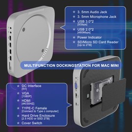 13 in 1 Mac Mini Dock with Hard Drive Enclosure + HDMI + VGA, USB-C Docking Station & Stand for Mac Mini M1 with SSD/HDD Slot, HDMI, VGA, 2 x USB 3.0, 2 x USB 2.0, TF/SD, Video/Audio Jack for Mac Mini