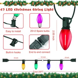 C7 LED Christmas Lights Outdoor 25Ft Vintage Christmas String Lights with 27 Clear Multicolor Bulbs(2 Spare), Plug in Commercial Outdoor Christmas Lights for Outside Porch Christmas Tree Party Holiday