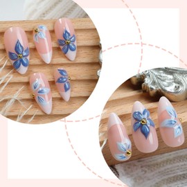 Medium Press on Nails Almond Fake Nails French False Nails Blue Artificial Nails with 3D Flowers Designs Glod CharmGlue on Nails Glitter Acrylic Nail Press ons Stick on Nails for Women 24pcs