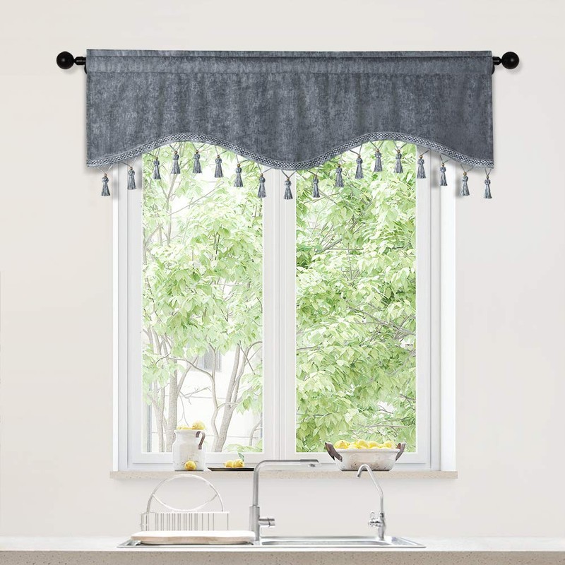 ELKCA Double-Sided Chenille Window Curtains Tier for Kitchen Grey Scalloped