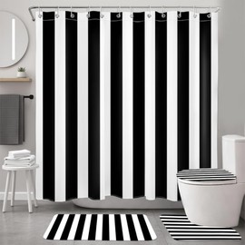 MYUSRE 4 Piece Black and White Striped Shower Curtain Set Vertical Stripe Bathroom Decor with Non Slip Bath Mat Toilet Lid Cover Modern Bathroom Accessories, 72 x 72 Inch