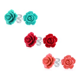 Romantic, Delicate Pink, Blue, Yellow, Green, Black, Purple, White, Red, Floral, Blooming 3D Carved 10 mm Rose Petal Stud Earrings for Women and Teenagers, Lightweight, Resin, No Gemstone