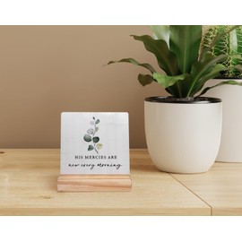 His Mercy are New Every Morning Christian Wood Plaque with Wooden Stand,inspirational Bible Scripture Eucalyptus Wooden Plaque Sign Desk Decor for Home Bedroom Living Room Table Shelf Decoration