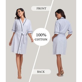 ANLIQI 100% Cotton Robes for Women Lightweight Summer Kimono Robe Short Sleeve Soft Knit Spa Bathrobe with Pockets Ladies Loungewear Comfy Sleepwear(Grey,L)