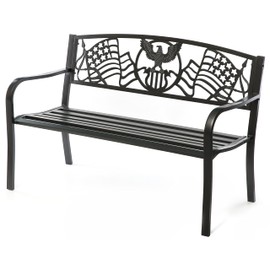 Gardenised QI003710 Steel Outdoor Patio Garden Park Seating Cast Iron Patriotic American Flag and Eagle Backrest, Front Porch Yard Bench Lawn Decor, Black
