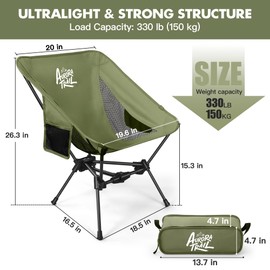 AuroraTrail Ultralight Backpacking Camping Chair – Only 2.7 lb, Supports 330 lb, Compact Folding Outdoor Seat with Carry Bag, 7075 Aluminum Frame for Hiking, Camping & Festivals (Green)