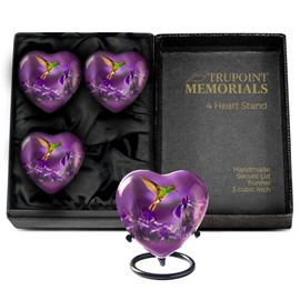 Trupoint Memorials Small Urns for Human Ashes Keepsake, Mini Heart Urn with Stand, Decorative Cremation Urns for Adult Men & Women – Set of 4, Purple Hummingbird