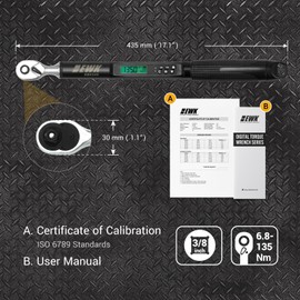 EWK 3/8" Drive Digital Torque Wrench 5-100 ft-lbs (6.8-135 Nm), with LED Display & Buzzer Alert, for Small Car Repairs