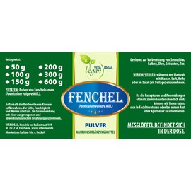 VITAIDEAL Vegan® Fennel Powder Green Sweet (Foeniculum Vulgare) 300 g including measuring spoon, purely natural without additives.