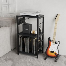 YAKANJ End Table with Guitar Stand,Record Player Stand,Vinyl Records Storage,2-Tier Guitar Stand for Acoustic, Electric Guitar,Bass,Turntable Stand Side Table for Music Room Studio Living Room-Brown