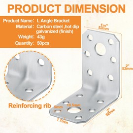 Shimeyao 50pcs 2x2x1-3/8 in Steel l Right Angle Bracket 1.7mm Thick Metal Angle 90 Degree Reinforcing Rib Corner Brace l Bracket for Wood Shelf Furniture Cabinet