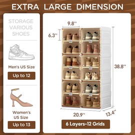 AntBox Portable Shoe Rack Organizer, Stackable Sneaker Organizer Cabinet with Magnetic Door, Folding Design, Clear Plastic Storage Container, 6 Tier 12 Pairs (Clear) - S2-S12-D6