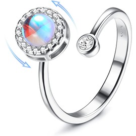 Kakonia 925 Sterling Silver Fidget Rings For Women Girl Open Adjustable Anxiety Rings Spinner Ring Moonstone Opal Rings Stackable Knuckle Promise Wedding Engagement Rings with Gift Boxed