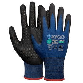 KAYGO 12 Pairs of Work Gloves with Grip Nubs for Non-Slip Grip, KG19N, Nitrile Coated, Light Oil Resistant, Nylon Protective Gloves for Work, Car, Warehouse (Navy Blue, S, Size 7)
