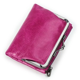 Contacts Womens RFID Wallet with Kiss Lock,Genuine Leather Ladies Compact Bifold Coin Purse with Zip Pocket Vintage,Credit Card Holder Small Clutch with ID Window Rose Red